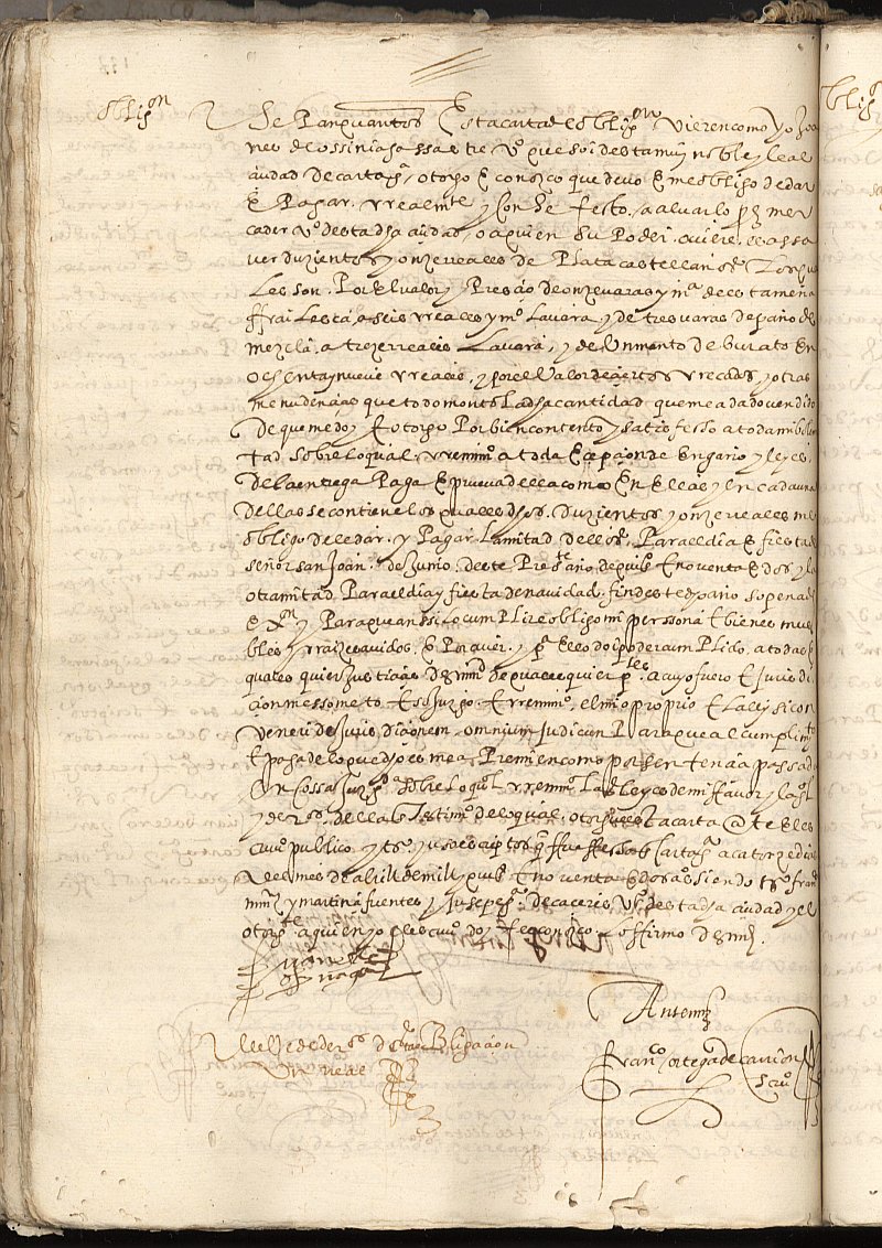 Obligación de Juan de Osinaga, sastre, a favor de Álvaro Pérez, mercader, ambos vecinos de Cartagena.